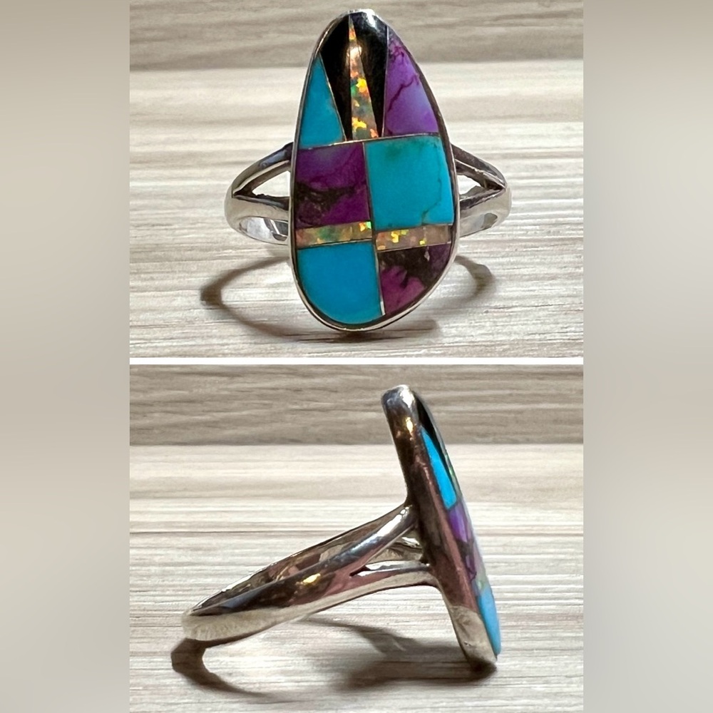 Vintage Native American Sterling Silver Turquoise Onyx & Opal Mosaic Inlay Ring